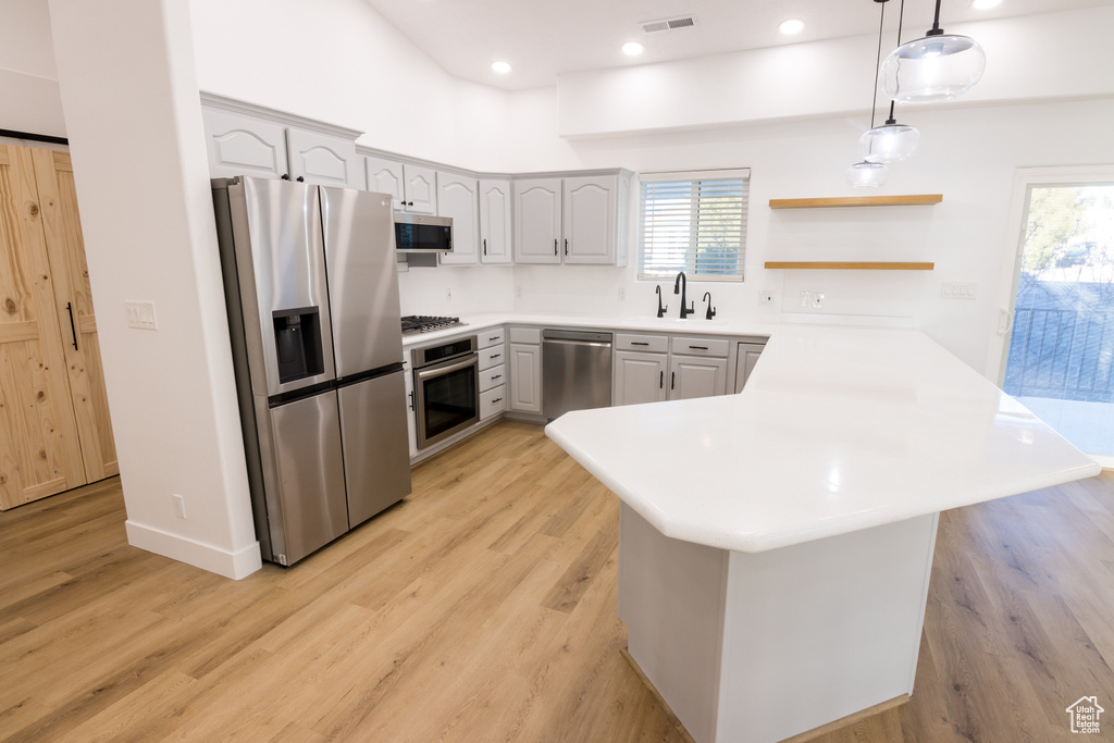 Kitchen with a wealth of natural light, light wood-type flooring, appliances with stainless steel finishes, and decorative light fixtures