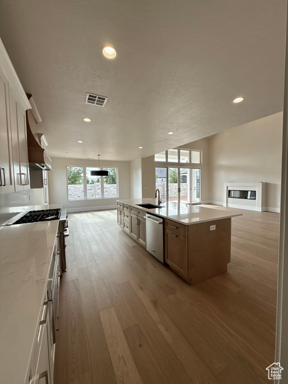 Kitchen featuring a sink, dishwasher, open floor plan, light wood-type flooring, and visible vents