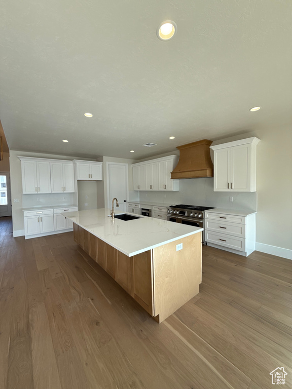Kitchen featuring a sink, premium range hood, range with two ovens, baseboards, and wood finished floors