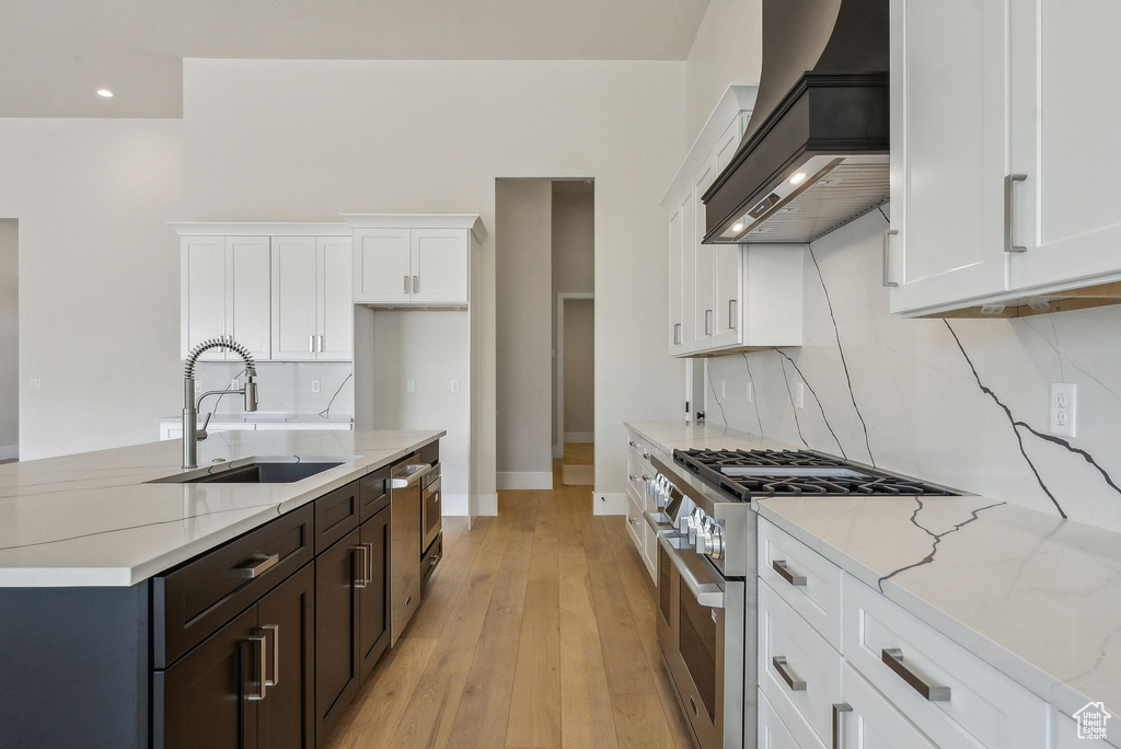 Kitchen with white cabinets, a sink, stainless steel appliances, custom range hood, and tasteful backsplash