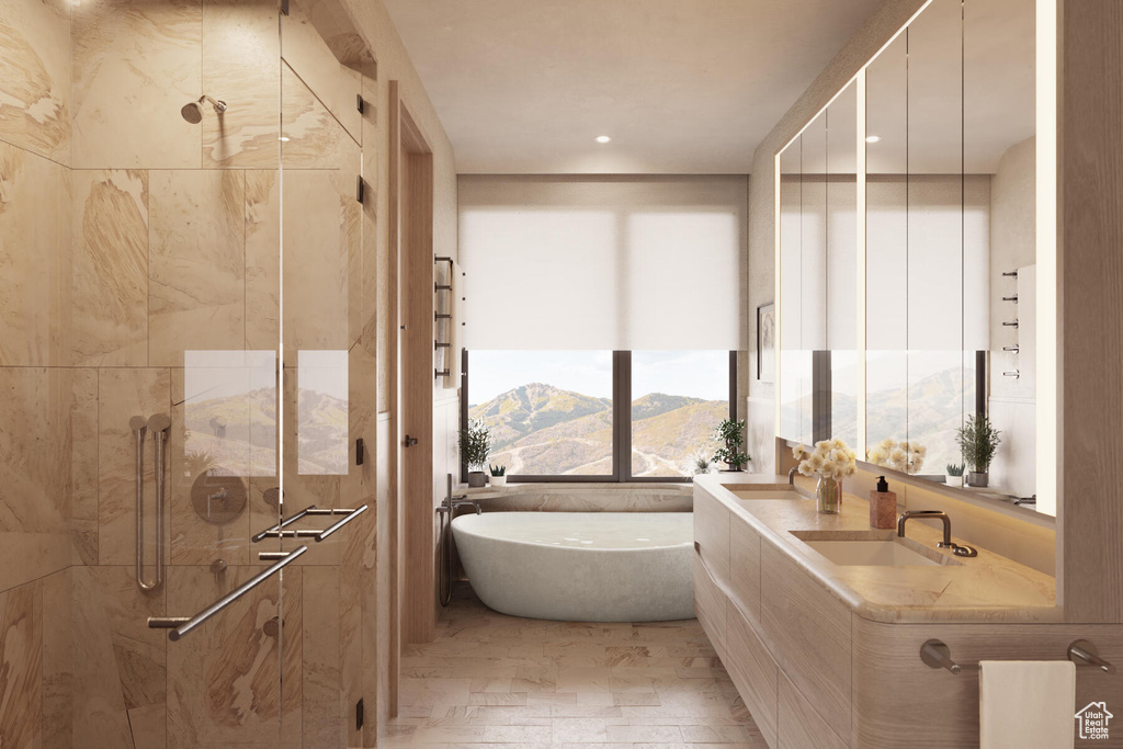 Bathroom with independent shower and bath, oversized vanity, a mountain view, and tile flooring