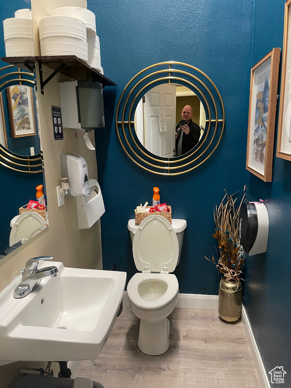 Bathroom featuring sink, toilet, and hardwood / wood-style flooring