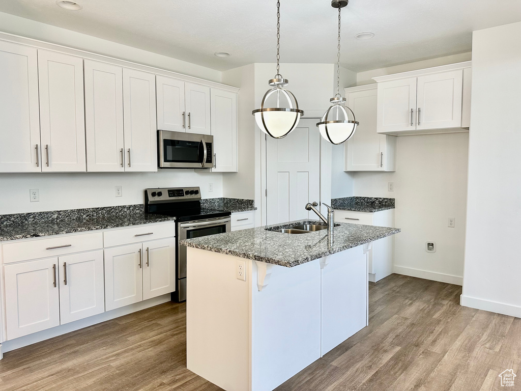 Kitchen featuring white cabinetry, light wood-type flooring, hanging light fixtures, appliances with stainless steel finishes, and sink