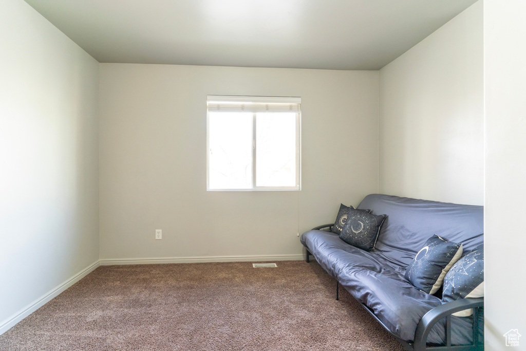 Living room featuring dark carpet
