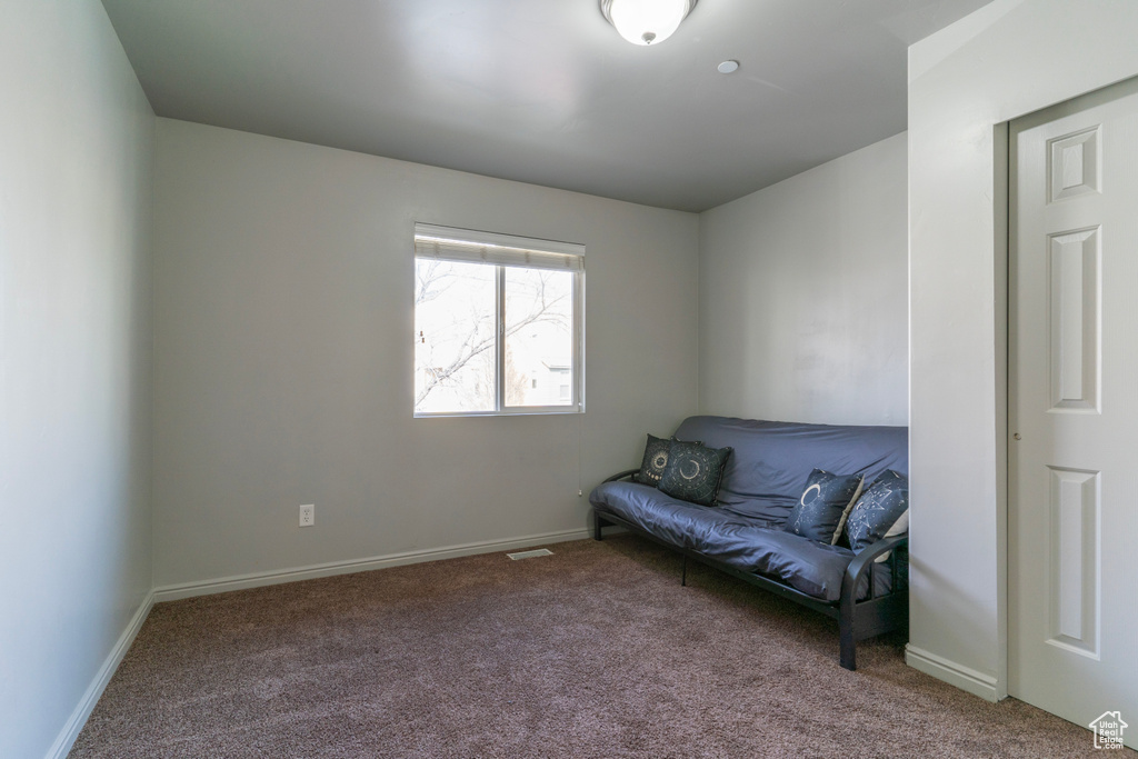 Living area featuring dark carpet