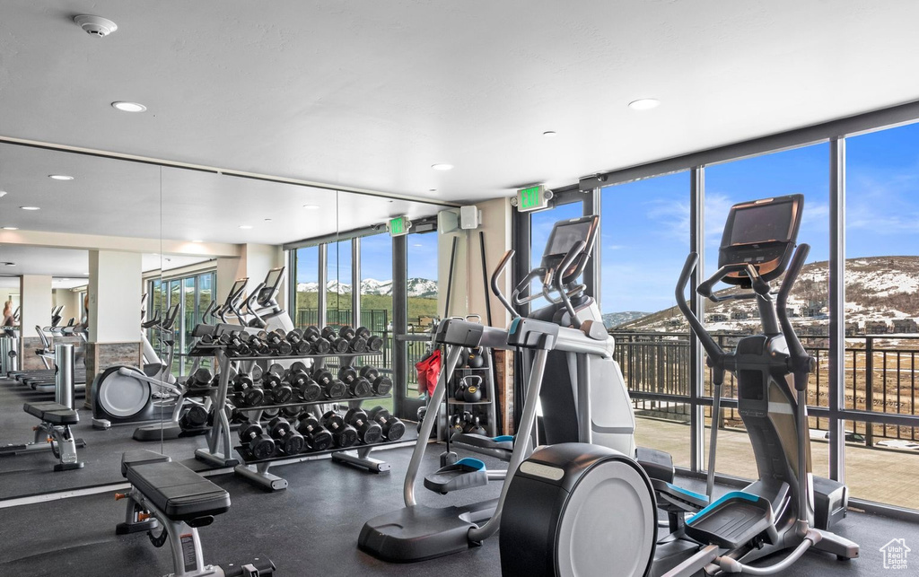 Workout area with expansive windows