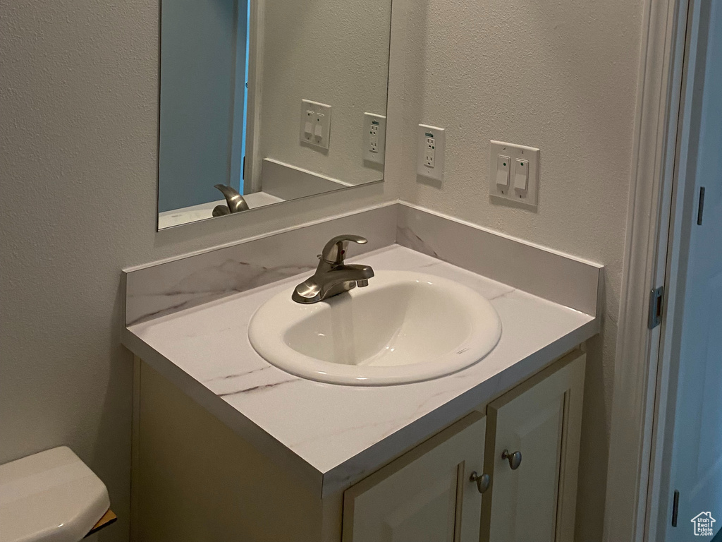 Bathroom featuring toilet and large vanity