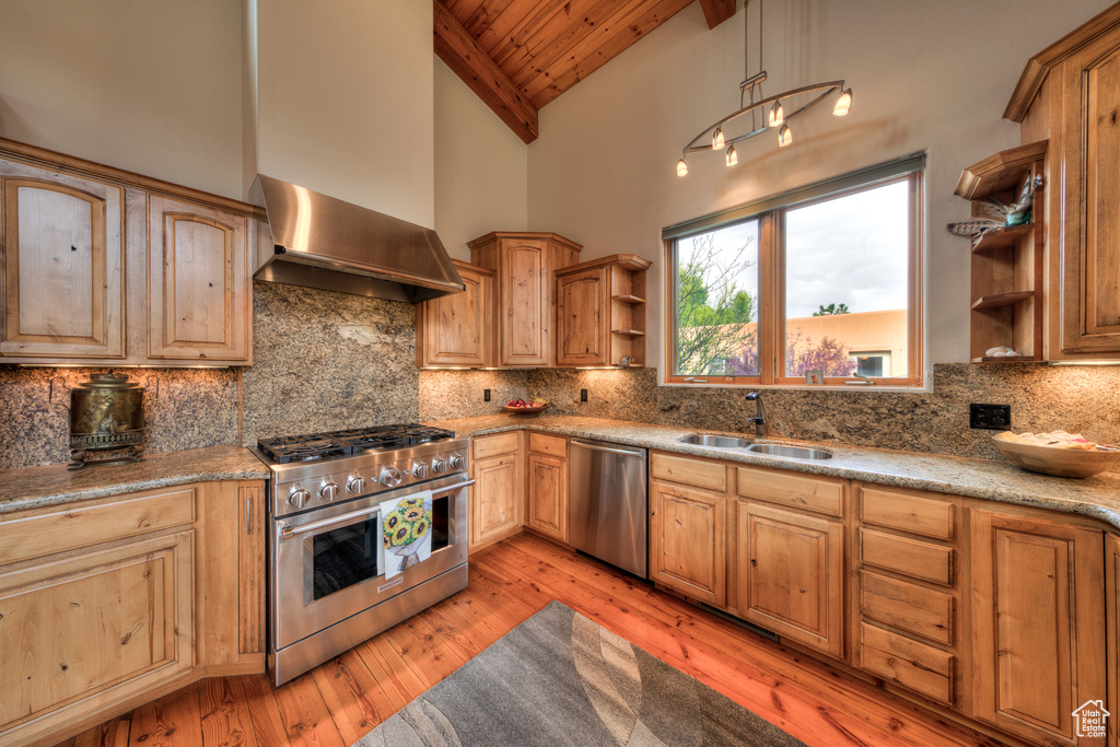 Kitchen featuring wall chimney exhaust hood, light hardwood / wood-style floors, stainless steel appliances, backsplash, and sink