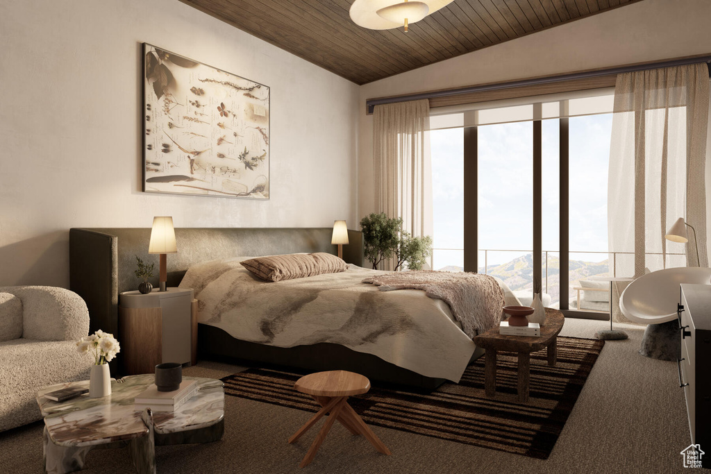 Bedroom featuring wood ceiling, carpet, and lofted ceiling