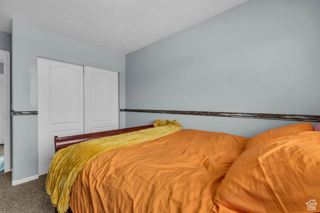Bedroom featuring a closet and dark carpet