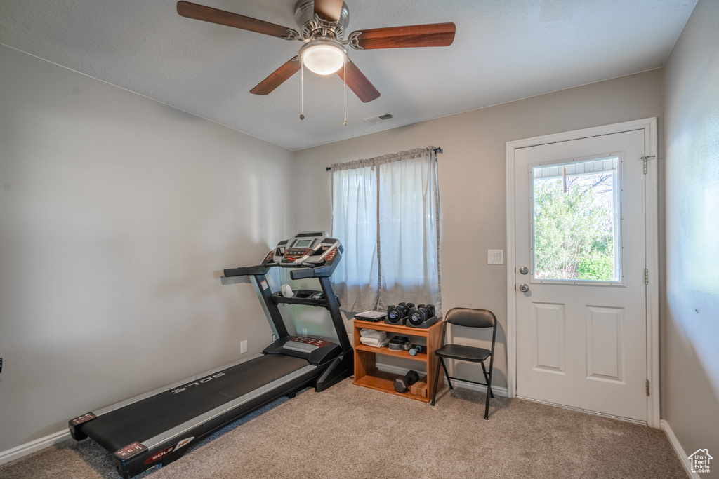 Exercise room featuring light carpet and ceiling fan