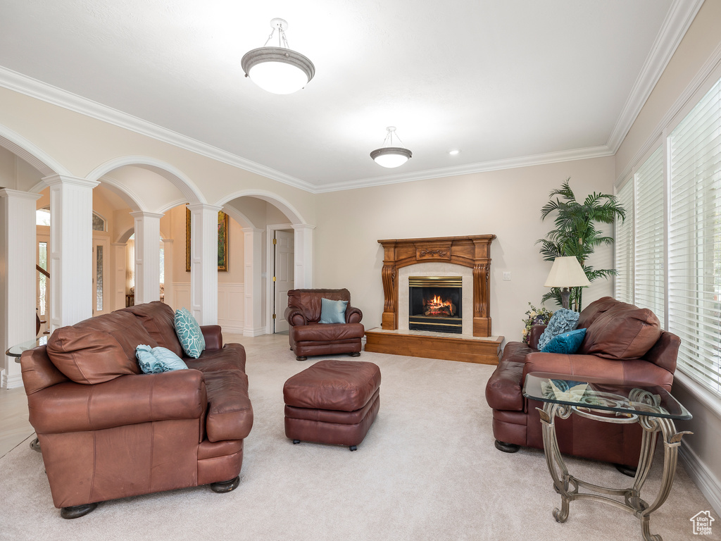 Carpeted living room featuring ornamental molding and decorative columns