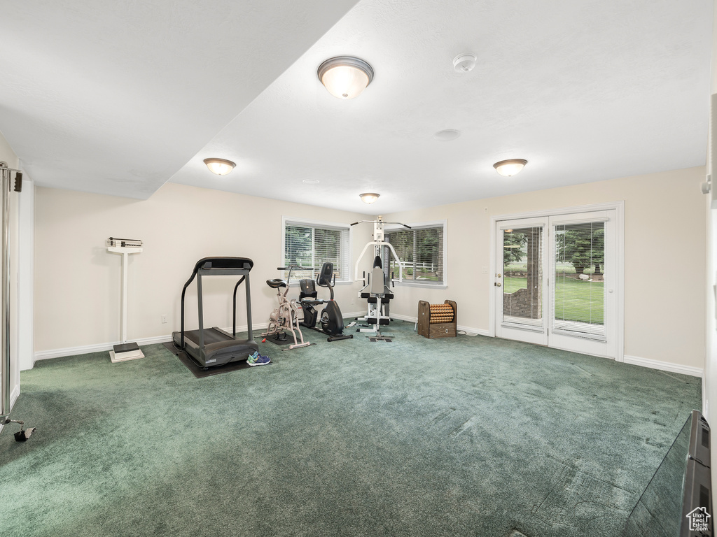 Exercise room with dark carpet and a healthy amount of sunlight