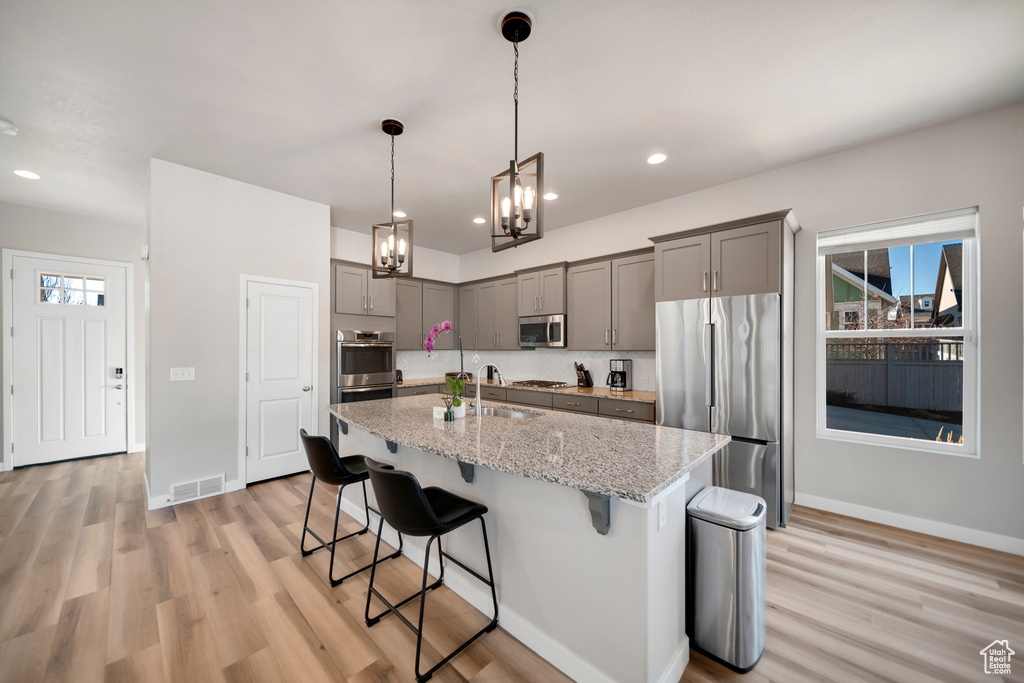 Kitchen featuring light hardwood / wood-style floors, an island with sink, stainless steel appliances, and a breakfast bar