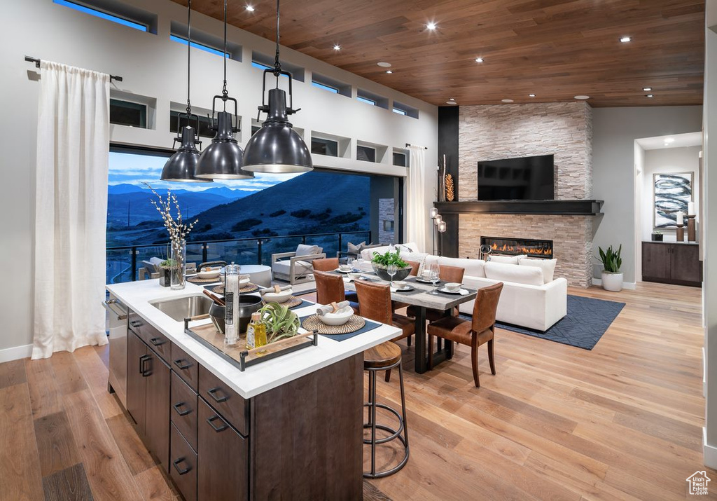 Kitchen featuring a stone fireplace, light hardwood / wood-style flooring, wood ceiling, and dark brown cabinetry