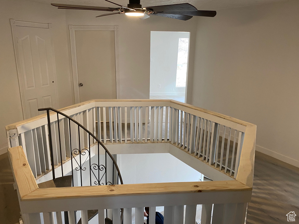 Stairway featuring dark hardwood / wood-style floors and ceiling fan