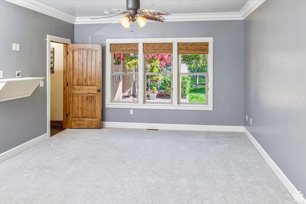 Spare room featuring carpet flooring, plenty of natural light, and ceiling fan