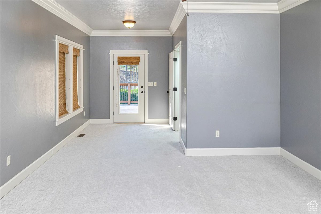 Empty room with carpet flooring, a textured ceiling, and crown molding