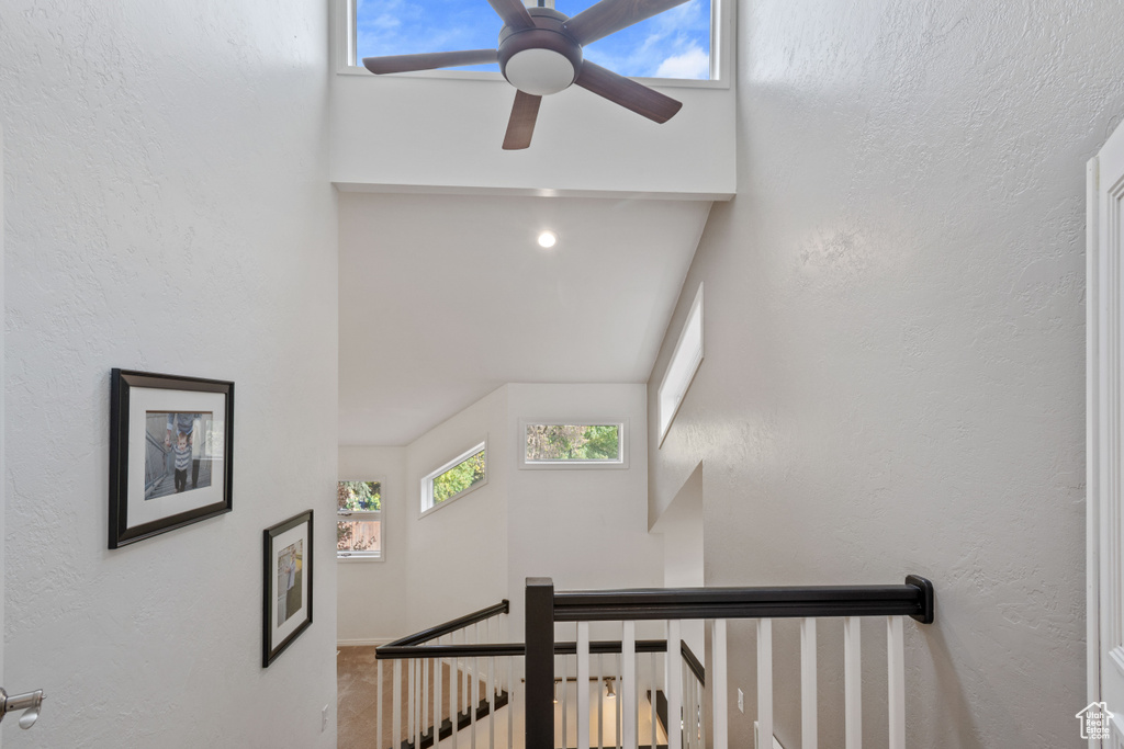 Staircase with ceiling fan and high vaulted ceiling