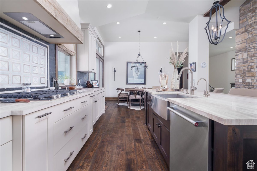 Kitchen with stainless steel appliances, white cabinets, pendant lighting, and dark hardwood / wood-style flooring