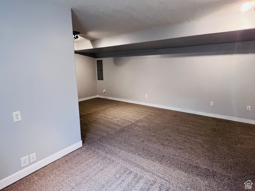 Basement with dark colored carpet and a textured ceiling