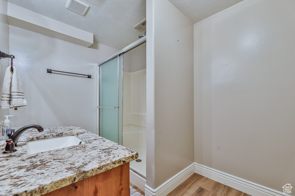 Bathroom with vanity, walk in shower, and wood-type flooring