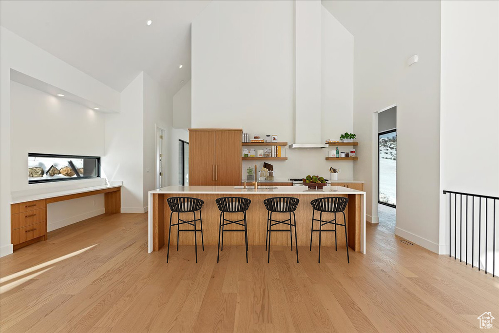 Kitchen with light hardwood / wood-style floors, a breakfast bar, a towering ceiling, and sink