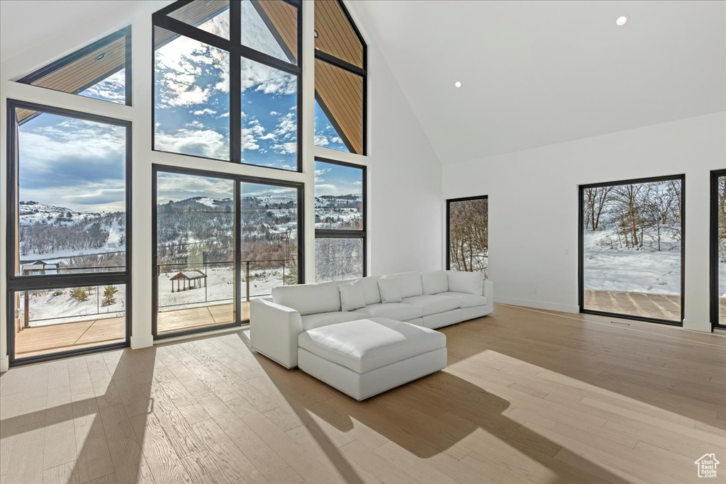 Unfurnished living room with plenty of natural light, light hardwood / wood-style floors, and a high ceiling