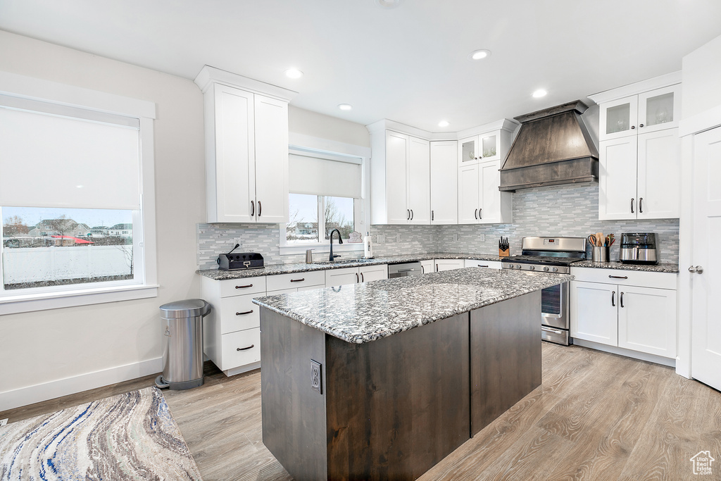 Kitchen featuring premium range hood, light wood-type flooring, stainless steel appliances, white cabinetry, and tasteful backsplash