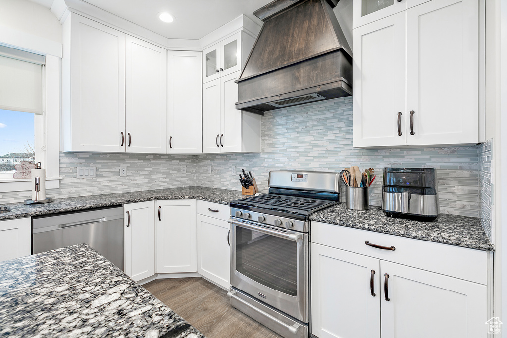 Kitchen featuring stainless steel appliances, white cabinetry, custom range hood, tasteful backsplash, and light hardwood / wood-style floors