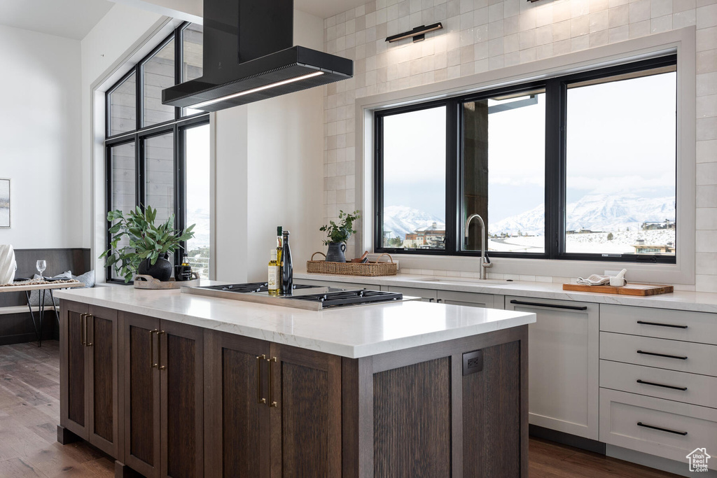 Kitchen with dark hardwood / wood-style floors, wall chimney range hood, and a healthy amount of sunlight