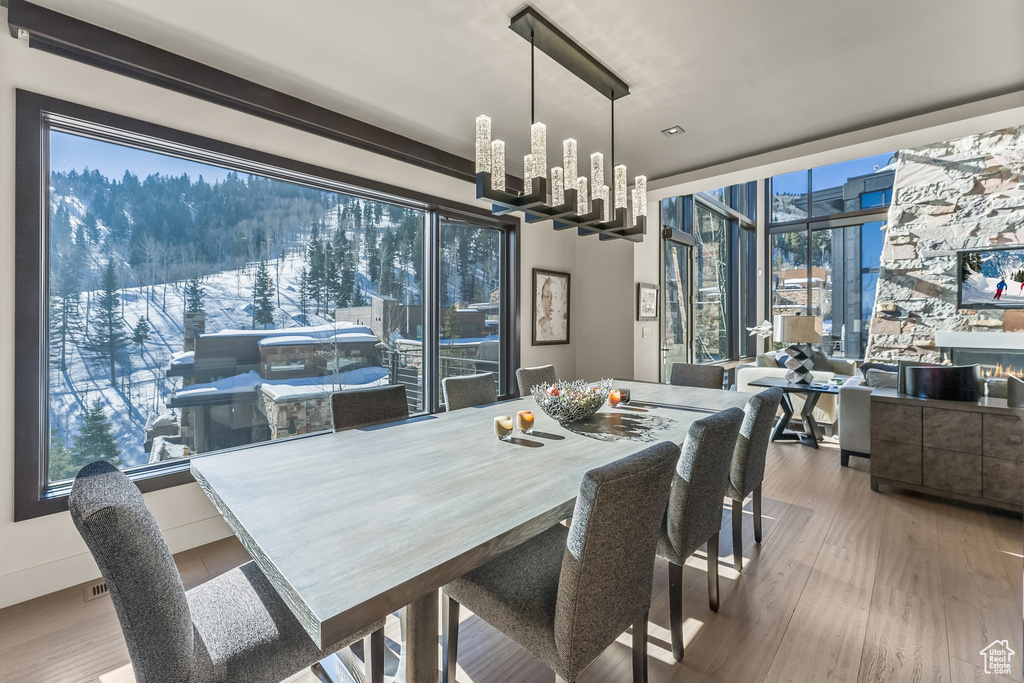 Dining room with a chandelier, light hardwood / wood-style floors, and a mountain view