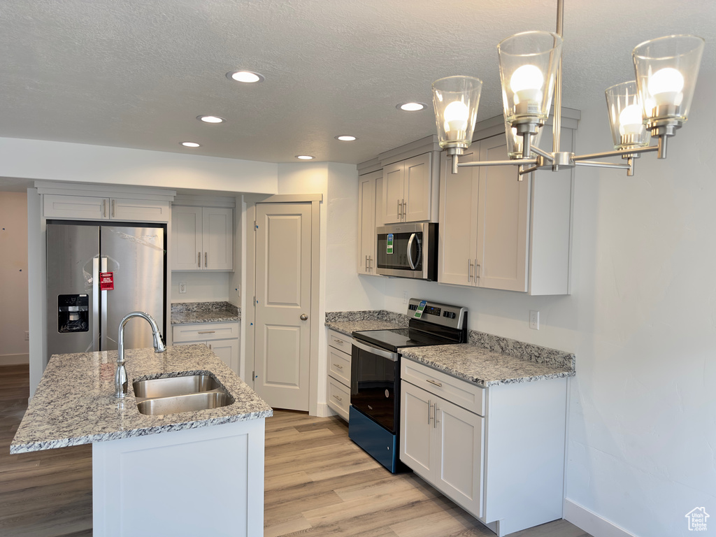 Kitchen with pendant lighting, light hardwood / wood-style flooring, sink, and appliances with stainless steel finishes