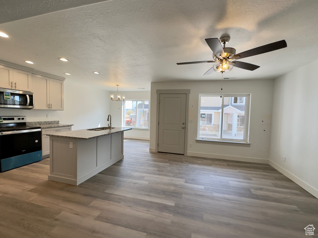 Kitchen featuring light hardwood / wood-style flooring, light stone counters, white cabinets, ceiling fan with notable chandelier, and stainless steel appliances