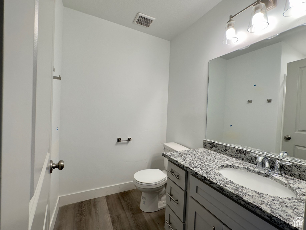 Bathroom featuring toilet, hardwood / wood-style flooring, and oversized vanity