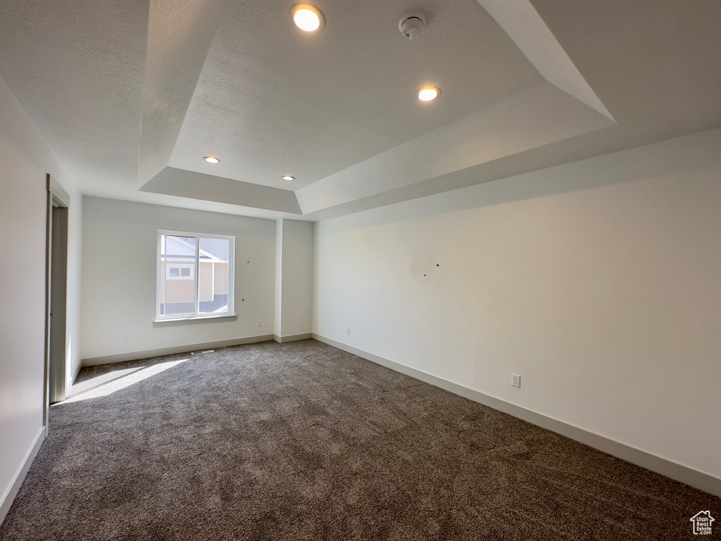 Carpeted spare room featuring a raised ceiling