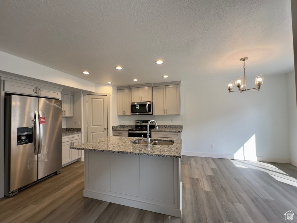 Kitchen featuring hardwood / wood-style floors, appliances with stainless steel finishes, decorative light fixtures, and sink