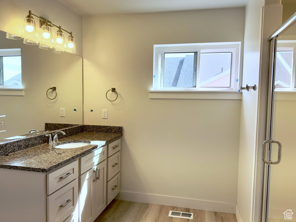 Bathroom with vanity, a shower with shower door, and hardwood / wood-style flooring
