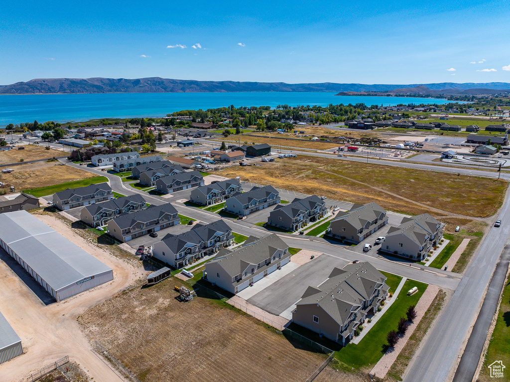 Bird's eye view featuring a water and mountain view