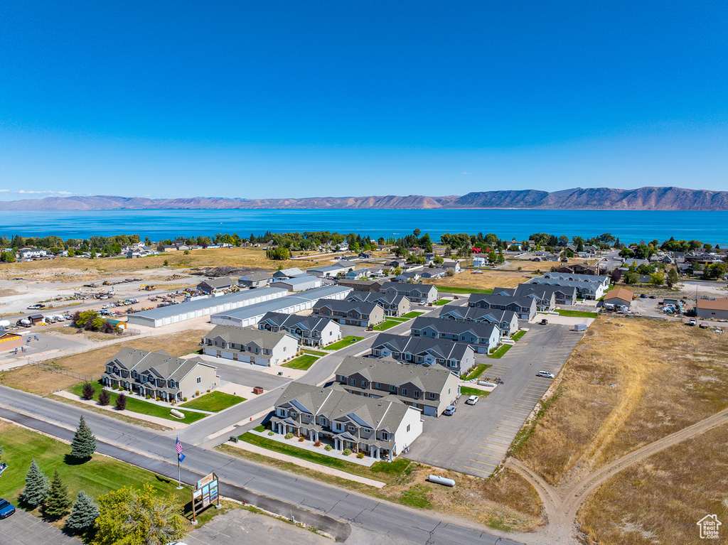 Bird's eye view with a water and mountain view