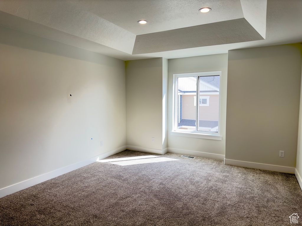 Carpeted empty room with a tray ceiling