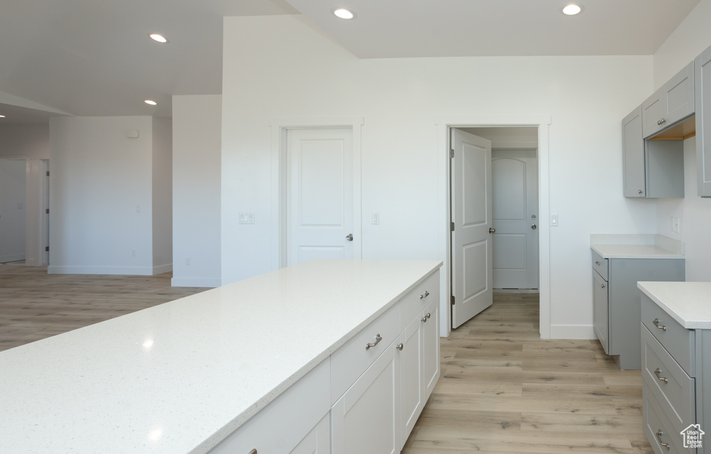 Kitchen with light hardwood / wood-style floors
