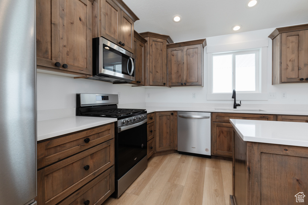 Kitchen featuring light hardwood / wood-style flooring, dark brown cabinetry, stainless steel appliances, and sink