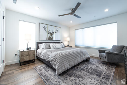 Bedroom featuring dark hardwood / wood-style floors, multiple windows, and ceiling fan