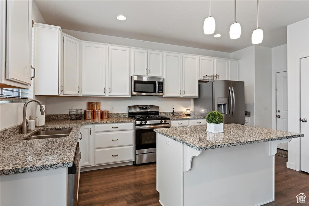 Kitchen with dark hardwood / wood-style floors, stainless steel appliances, a kitchen island, and a kitchen breakfast bar