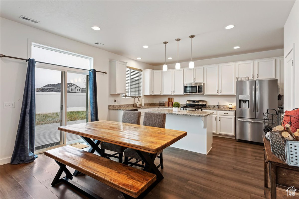 Kitchen with pendant lighting, dark hardwood / wood-style flooring, light stone counters, white cabinetry, and appliances with stainless steel finishes