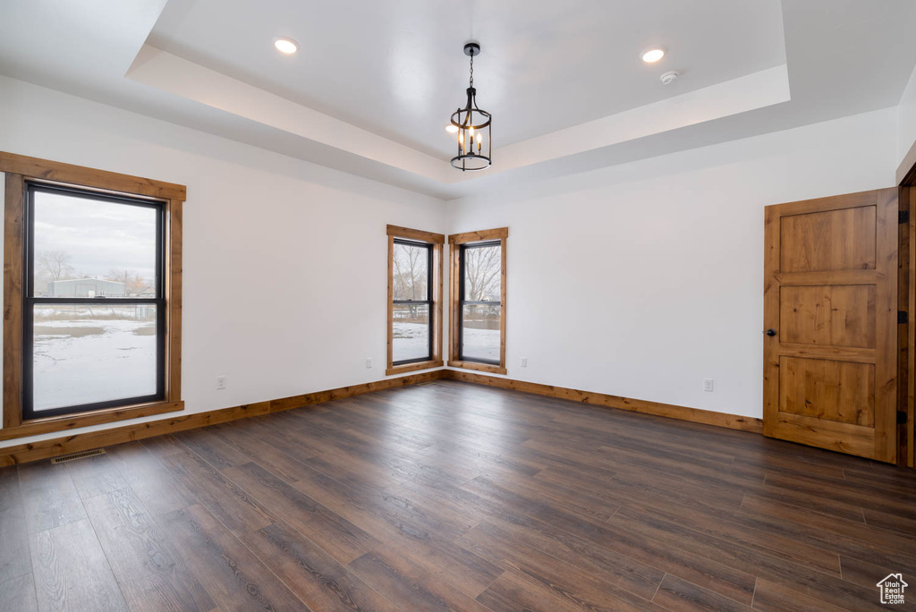Unfurnished room featuring plenty of natural light, dark hardwood / wood-style floors, and a raised ceiling