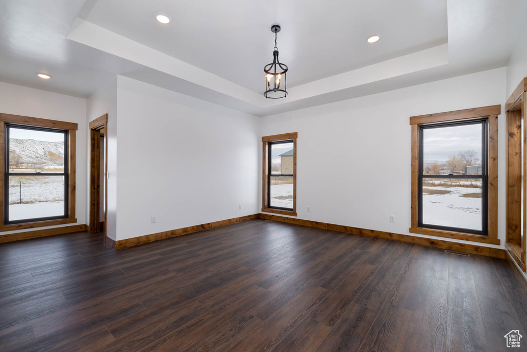 Spare room featuring dark hardwood / wood-style floors and a tray ceiling