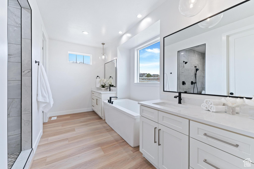 Bathroom with vanity with extensive cabinet space, independent shower and bath, and wood-type flooring