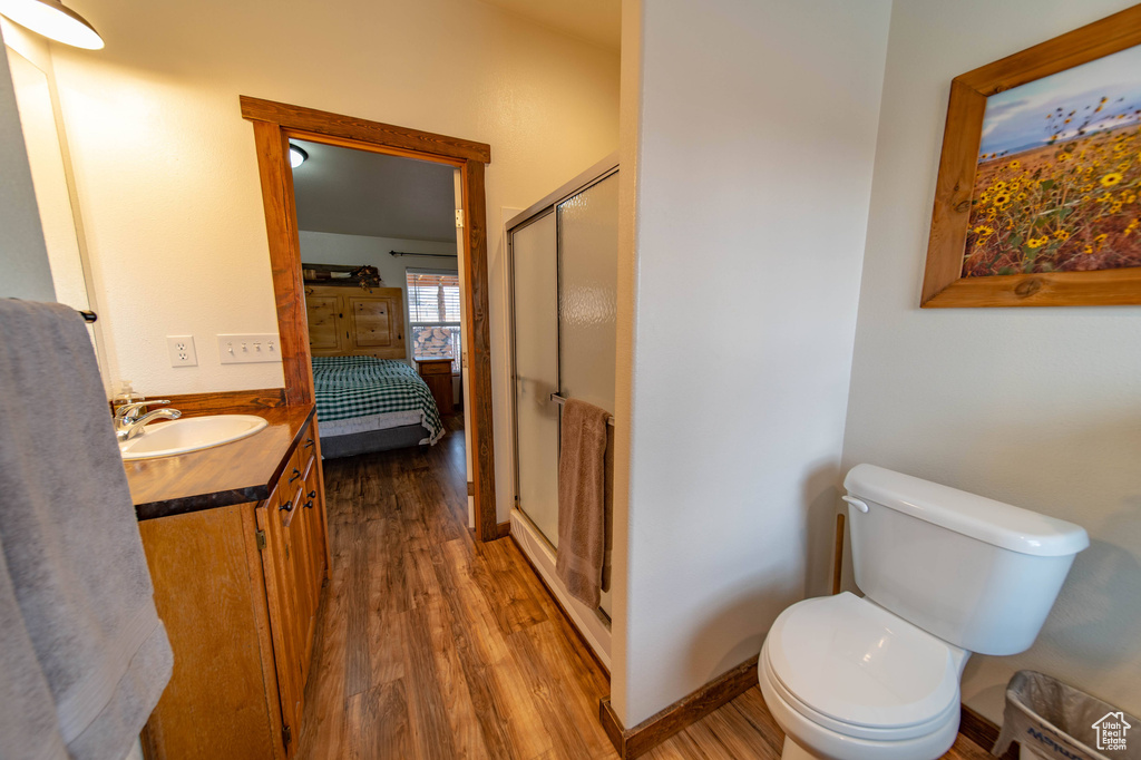 Bathroom featuring toilet, an enclosed shower, hardwood / wood-style flooring, and oversized vanity